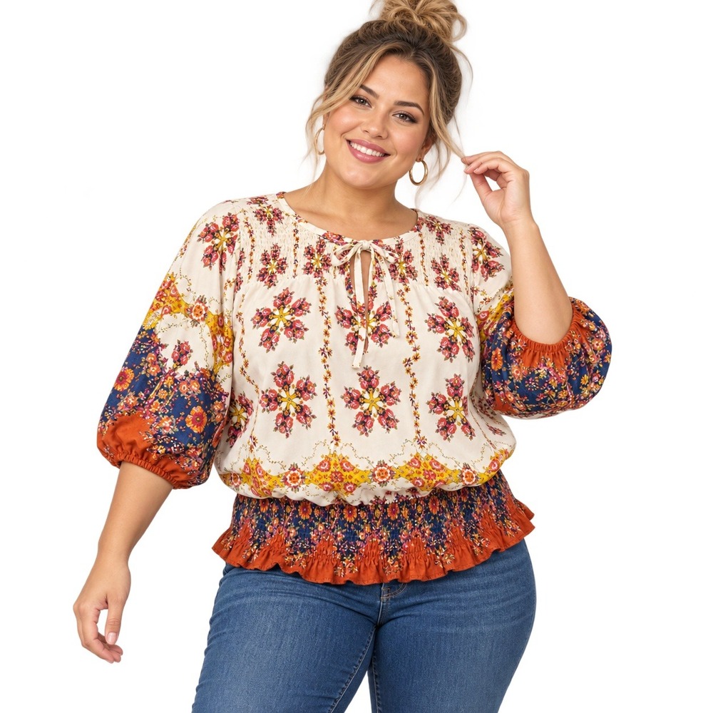 Fig and Flower Peasant Top Womens 2X Cream Floral Smocked Waist Boho Cottagecore